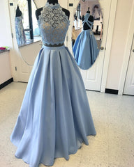 Long Two Piece Prom Dress Lace High Neck Open Back