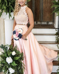 Long Two Piece Prom Dress Lace High Neck Open Back