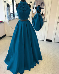 Long Two Piece Prom Dress Lace High Neck Open Back