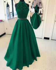 Long Two Piece Prom Dress Lace High Neck Open Back