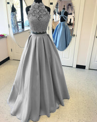 Long Two Piece Prom Dress Lace High Neck Open Back