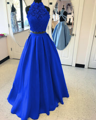Long Two Piece Prom Dress Lace High Neck Open Back