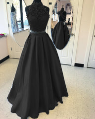 Long Two Piece Prom Dress Lace High Neck Open Back