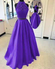Long Two Piece Prom Dress Lace High Neck Open Back