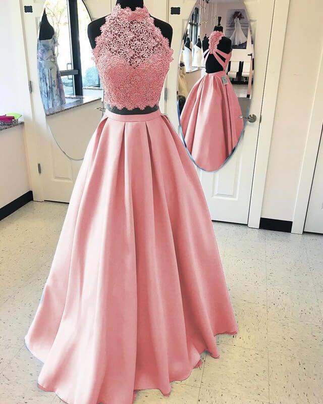 Long Two Piece Prom Dress Lace High Neck Open Back