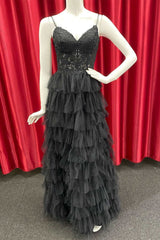 Long Black Tiered Prom Dresses V Neck Straps Beaded Appliques Lace Evening Dress