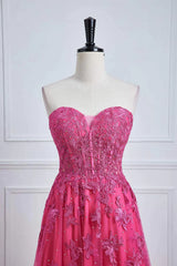 Long Fuchsia Prom Dresses Strapless A-line Floral Formal Wear Slit