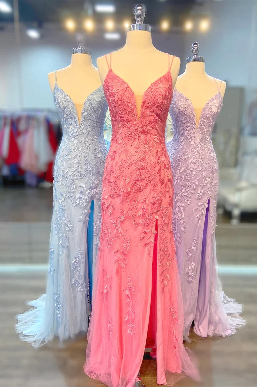 Long Lace Cheap Formal Dress Straps Appliques Mermaid Lace Up Back
