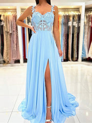 Long Light Blue Lace Prom Dresses, Light Blue Lace Long Formal Evening Dresses