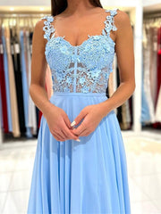 Long Light Blue Lace Prom Dresses, Light Blue Lace Long Formal Evening Dresses