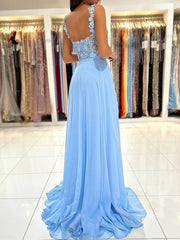 Long Light Blue Lace Prom Dresses, Light Blue Lace Long Formal Evening Dresses