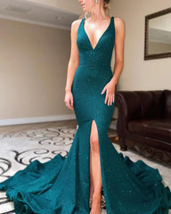 Long Mermaid Green Sequin Prom Dresses V Neck Formal Dress with Split