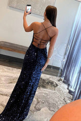 Long Mermaid Navy Blue Sequin Prom Dresses Straps Lace-Up
