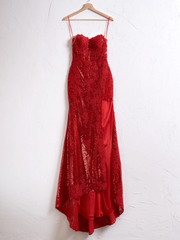 Long Mermaid Red Prom Dress 2024 Spaghetti Straps Appliques with Slit