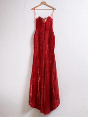 Long Mermaid Red Prom Dress 2024 Spaghetti Straps Appliques with Slit