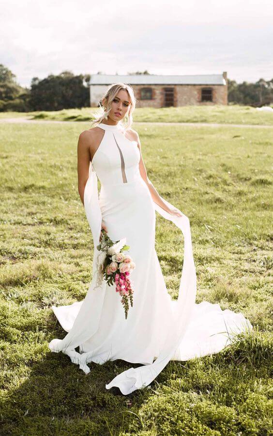 Long Mermaid Satin Minimalist High Neck Beach Wedding Dress