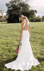 Long Mermaid Satin Minimalist High Neck Beach Wedding Dress