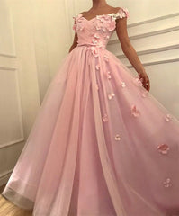 Long Pink Evening Gowns Flowers Tulle Off the Shoulder Prom Dresses Pearls
