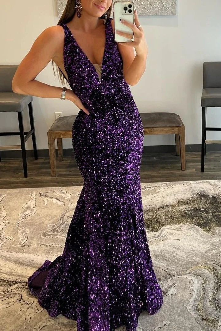 Long Purple Sequins Prom Dress UK Deep V Neck Mermaid