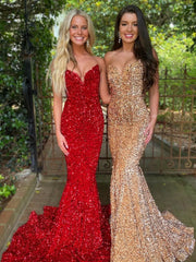Long Red Sequins Prom Dresses Mermaid Strapless Formal Dress