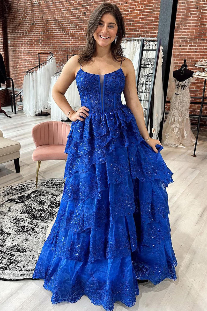 Long Royal Blue Tiered Prom Dress A-Line Sequins Straps