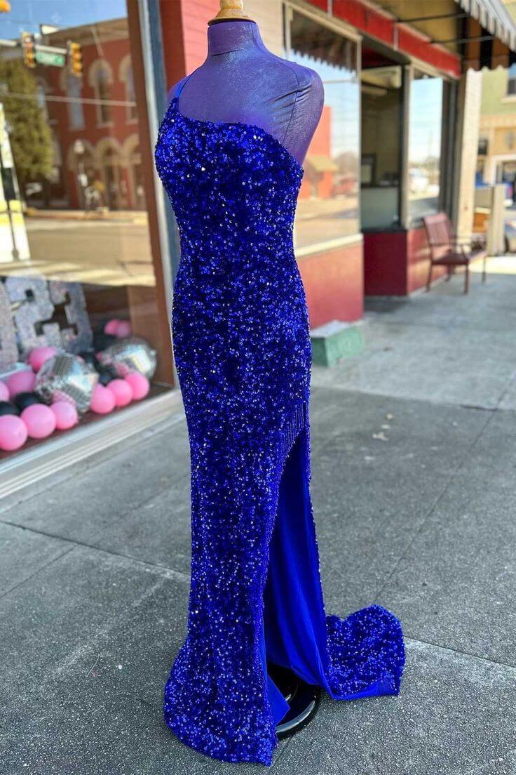 Long Sequin Prom Dress 2024 Royal Blue Formal Dresses One-Shoulder