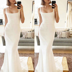 Long Simple Square Satin Ivory Wedding Dresses UK Mermaid