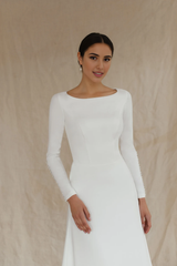 Long Sleeve And High Back Wedding Dress Simple Winter Bridal Gown Reception Dress Modest Wedding Dress With Train