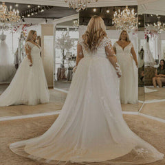 Long Sleeve Lace Plus Size Wedding Dresses UK A Line V Neck Bridal Gown