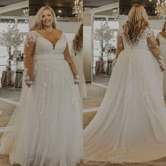 Long Sleeve Lace Plus Size Wedding Dresses UK A Line V Neck Bridal Gown