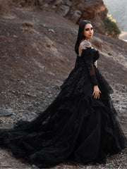 Long Sleeves Black Wedding Dress Gothic Off Shoulder V-neck Tiered Skirt