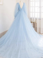 Long Sleeves Blue Tulle Prom Dress, Blue Tulle Long Sleeves Formal Graduation Dresses