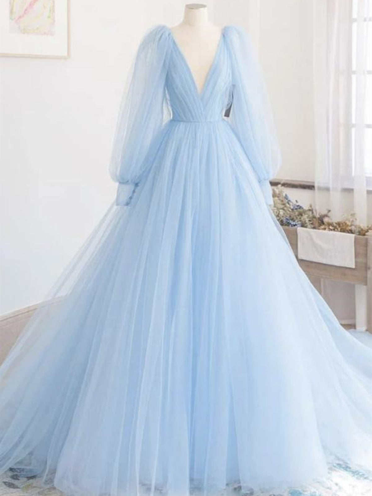 Long Sleeves Blue Tulle Prom Dress, Blue Tulle Long Sleeves Formal Graduation Dresses