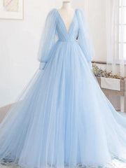 Long Sleeves Blue Tulle Prom Dress, Blue Tulle Long Sleeves Formal Graduation Dresses