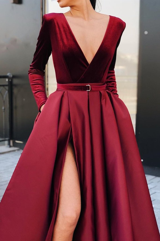 Burgundy Long Sleeves Prom Dresses 2024 with Pocket V Neck Evening Dresses