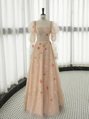 Long Sleeves Champagne Lace Floral Long Prom Dresses, Long Sleeves Champagne Lace Floral Formal Evening Dresses