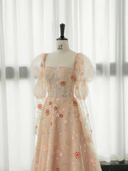 Long Sleeves Champagne Lace Floral Long Prom Dresses, Long Sleeves Champagne Lace Floral Formal Evening Dresses