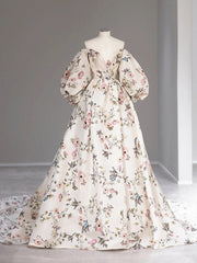 Long Sleeves Floral Long Prom Dresses, Long Sleeves Formal Evening Dresses