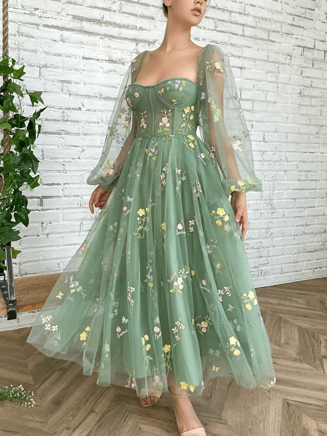 Long Sleeves Light Green Embroidered Tulle Prom Dress Corset