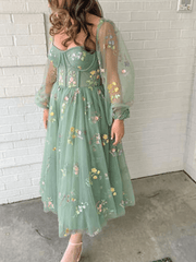 Long Sleeves Light Green Embroidered Tulle Prom Dress Corset