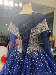 Long Sleeves Navy Blue Wedding Dresses Crystals Sequined Ball Gown Quince Dresses