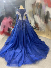 Long Sleeves Navy Blue Wedding Dresses Crystals Sequined Ball Gown Quince Dresses
