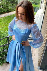 Long Sleeves Round Neck Light Blue Tea Length Prom Dress with High Slit, Long Sleeves Light Blue Formal Graduation Evening Dress A1515