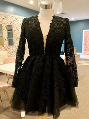 Long Sleeves Short Blue Black Lace Prom Dresses, Long Sleeves Short Blue Lace Formal Homecoming Dresses