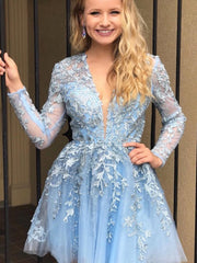 Long Sleeves Short Blue Black Lace Prom Dresses, Long Sleeves Short Blue Lace Formal Homecoming Dresses
