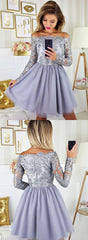 Long Sleeves Short Gray Lace Prom Dresses, Short Gray Lace Formal Graduation Homecoming Dresses