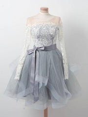Long Sleeves Short Gray Prom Dress with White Lace, Long Sleeves Short Lace Graduation Homecoming Dresses