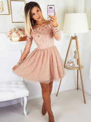 Long Sleeves Short Pink Lace Prom Dresses, Short Pink Lace Formal Homecoming Dresses