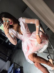 Long Sleeves Short Pink Lace Prom Dresses, Short Pink Lace Graduation Homecoming Dresses