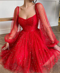 Long Sleeves Short Red Prom Dresses, Red Long Sleeves Short Formal Graduation Dresses